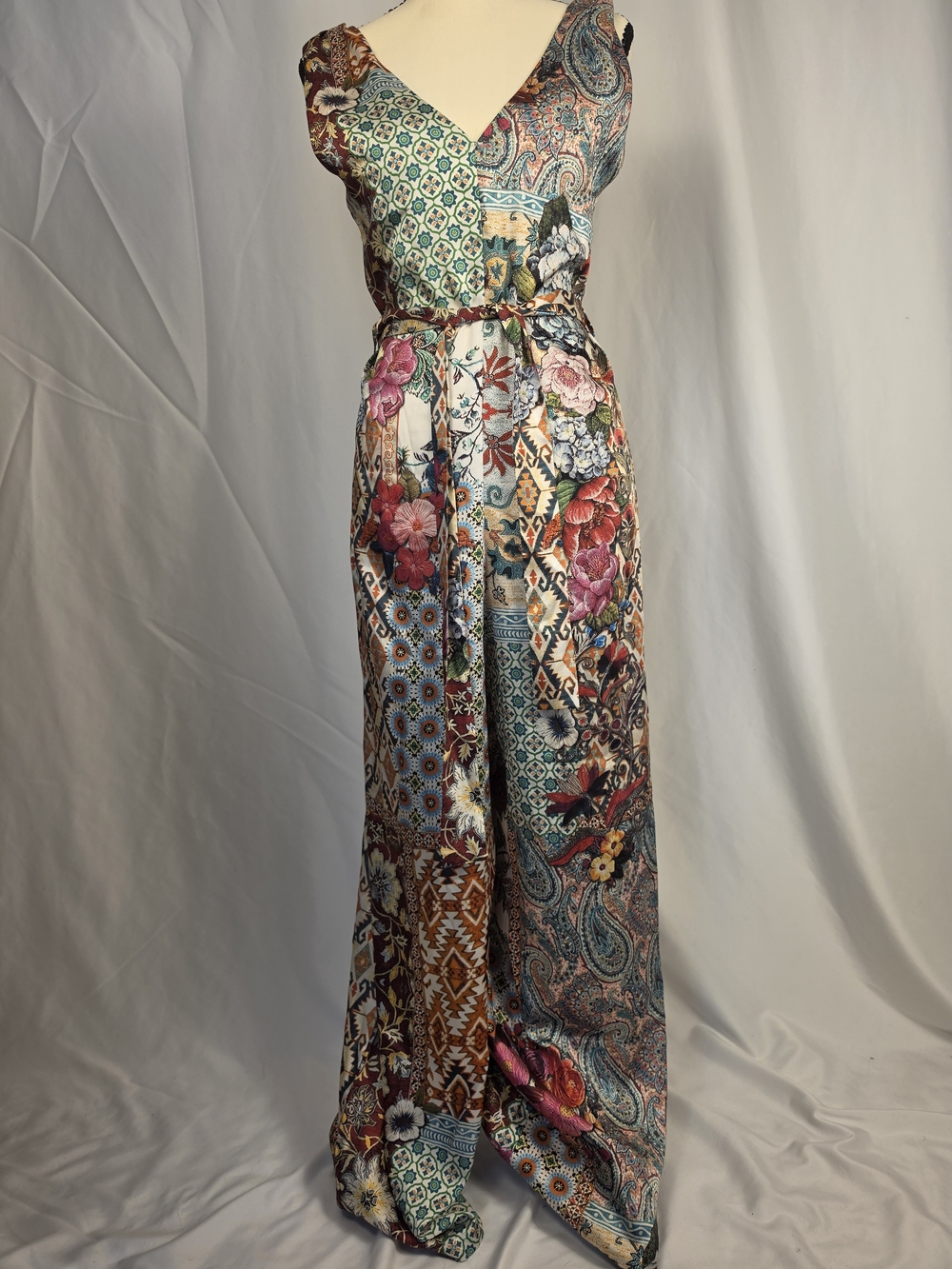 Zara Multicolor Patchwork Satin Effect Wide-Leg Jumpsuit Size Small - Picture 1 of 9